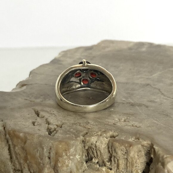 Sterling Silver 925 Multi Gemstone Garnet & Marcasite Floral Band Ring Sz 6.25 - Picture 6 of 16